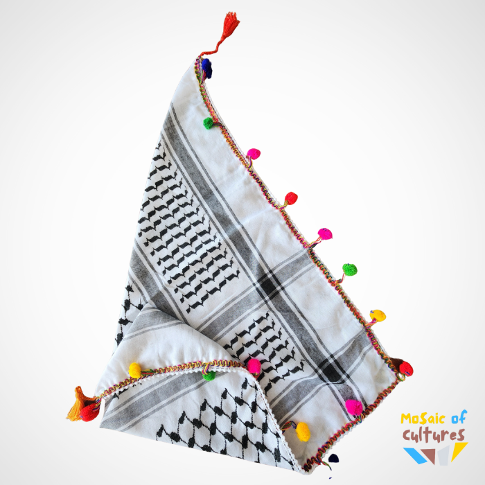 White and black patterned Palestinian scarf with colorful tassels