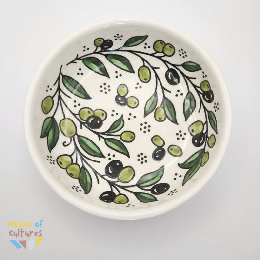 A ceramic plate with a geometric olive pattern on a white background.